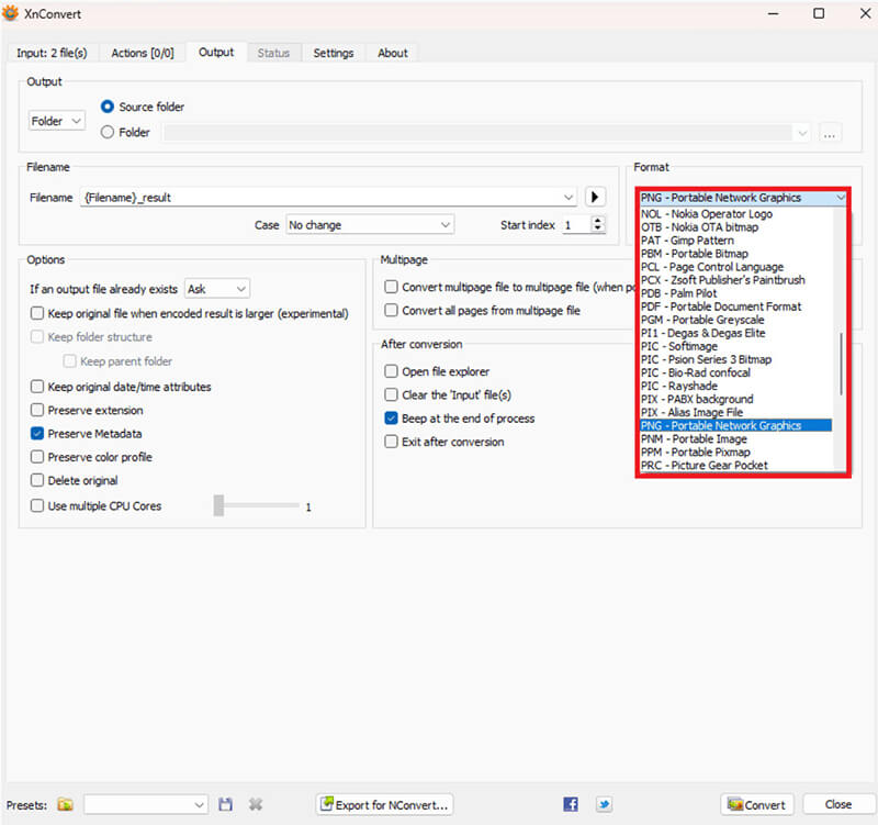 Select PNG In Xnconvert