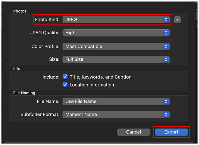 Photos App Set Jpeg Export