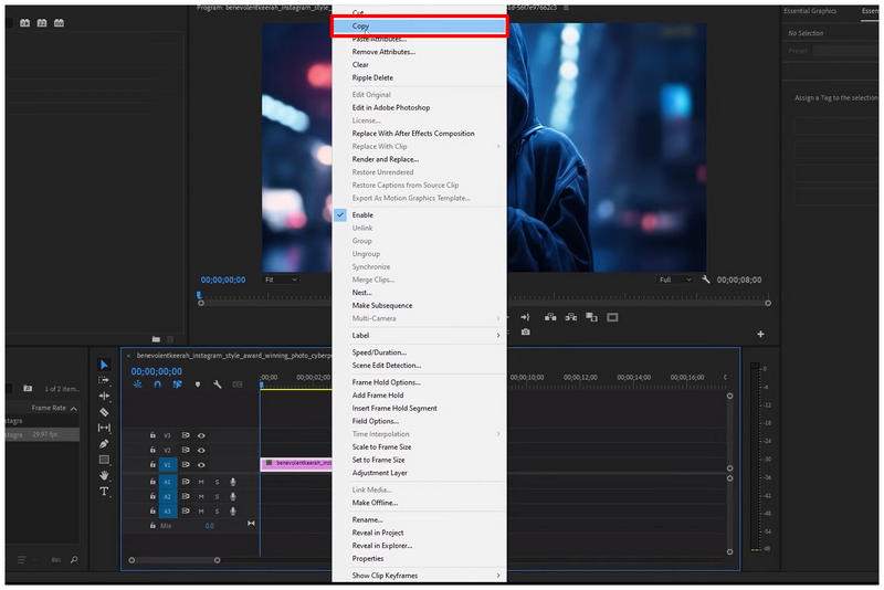 Premiere Pro Duplicate Clip Copy Command