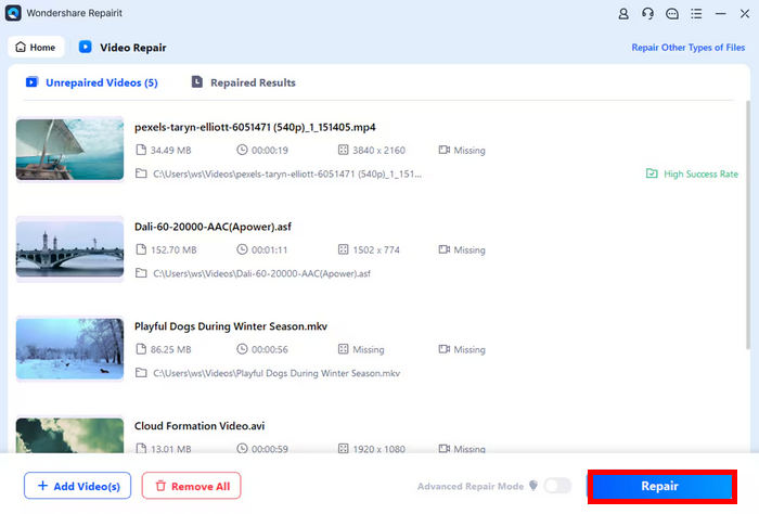 Wondershare Sepairit Click Repair Button