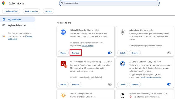 Disable Extensions Click Remove