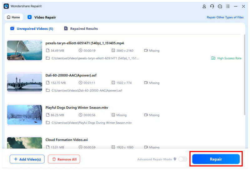Wondershare Video Repair Videos Added
