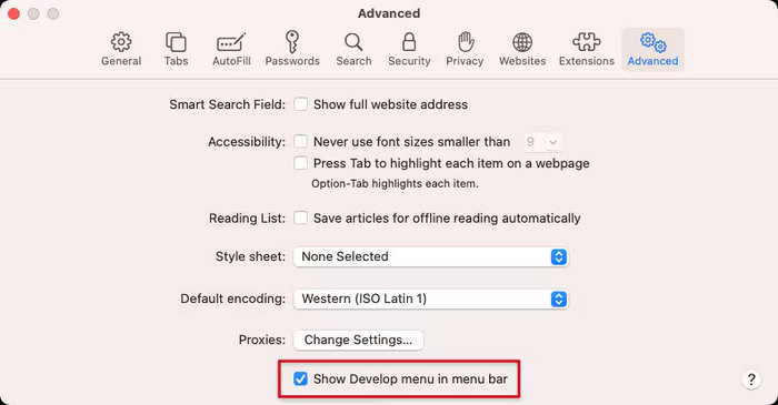 Safari Click Develop