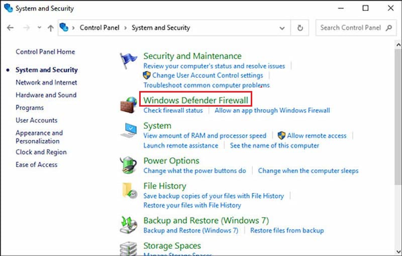 Choose Windows Defender Firewall