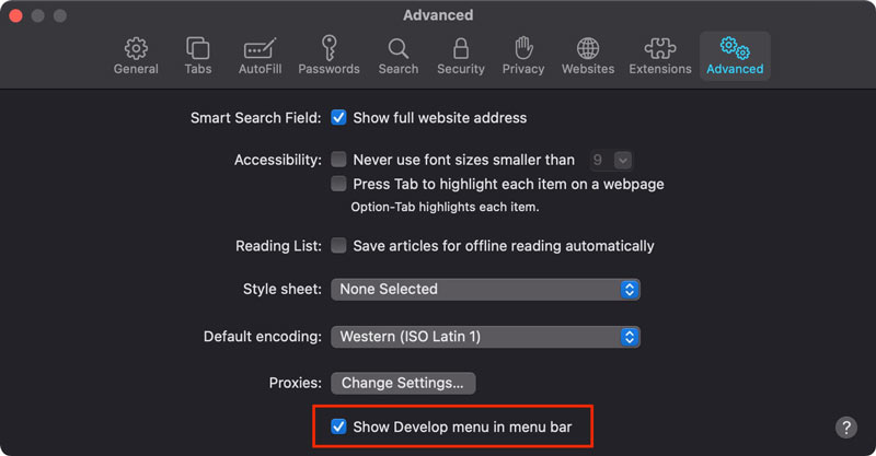 Show Develop Menu in Menu Bar