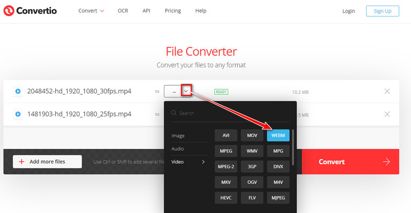 Select WebM Output in Convertio