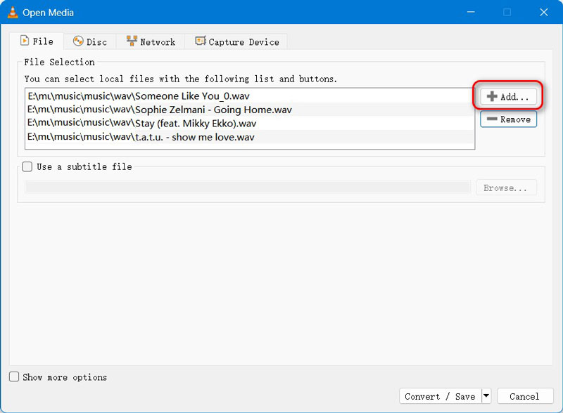 VLC Add WAV Files