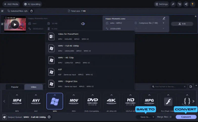 Convert Mov to Wmv in Movavi