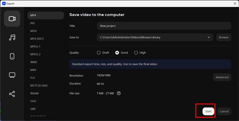 Export Trimmed Mp4 in Movavi