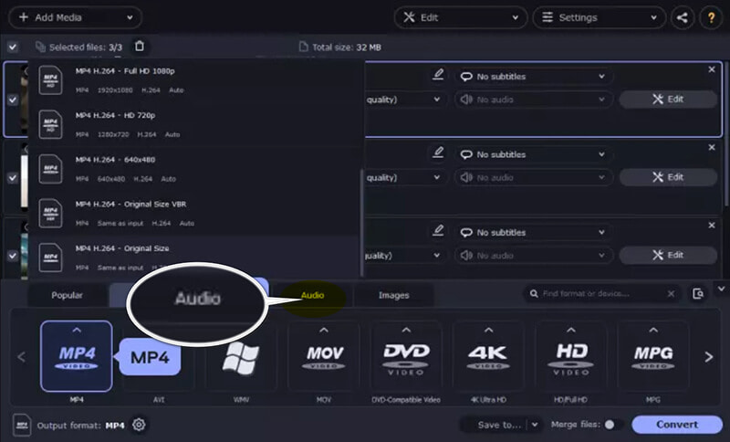 Select Audio Output Format in Movavi