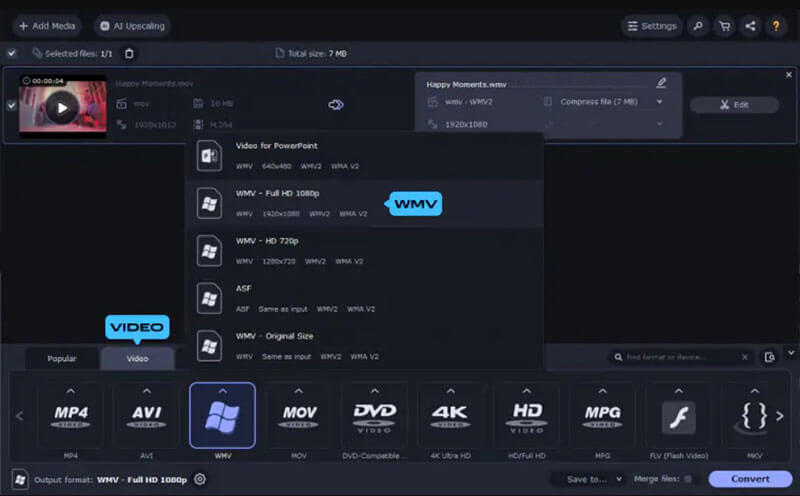 Select Wmv in Movavi
