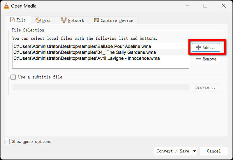 VLC Add Wma Files