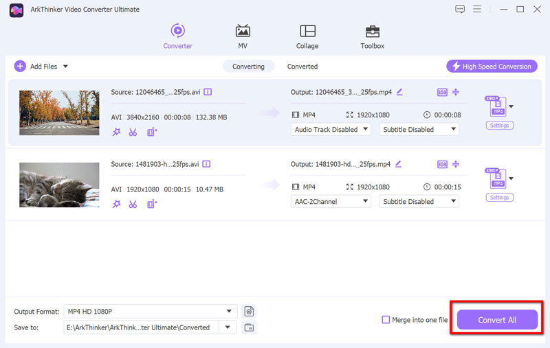 Convert AVI to MP4 in Arkthinker