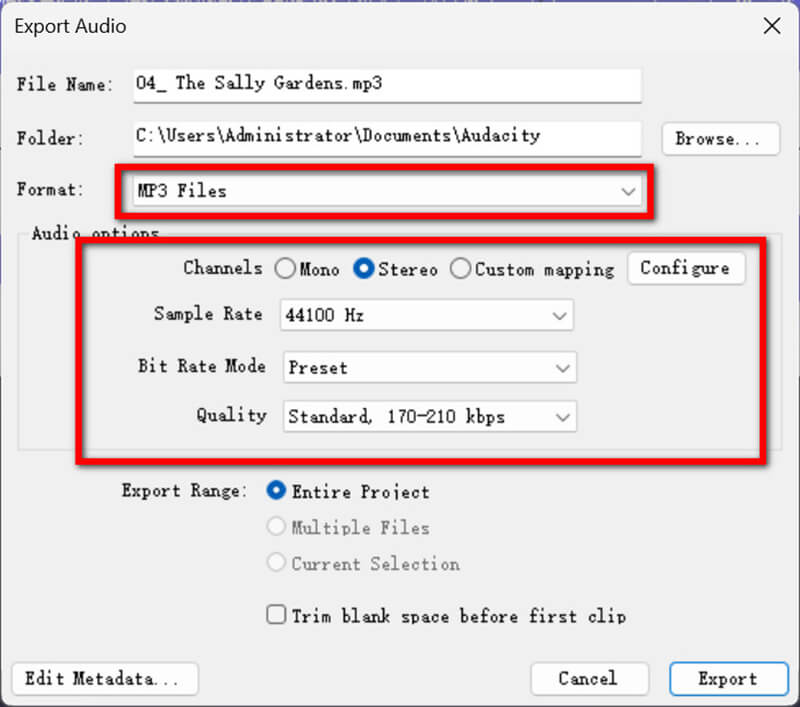 Audacity Export Settings