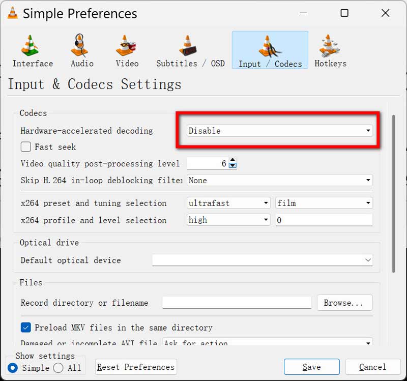 Disable Hardware Acceleration VLC