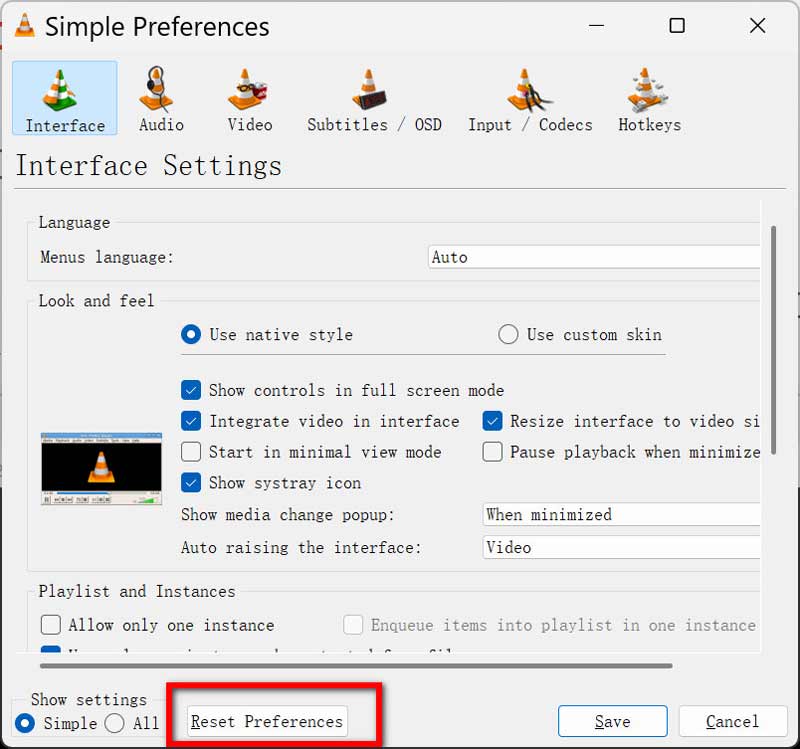 Reset VLC Preferences